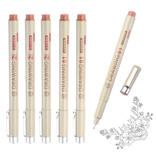 MECCANIXITY 01/2 Fineliner Ink Pens, 6Pcs 0.25/2.0mm Brown Micro Pens with Waterproof Archival Ink for Watercolor Sketching Cartoon Technical Drawing - style: 01# 2#