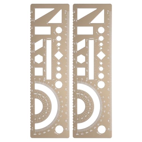 HARFINGTON 2pcs Multifunctional Geometric Rulers 15cm Metric and SAE Aluminum Straight Edge Protractor Angle Math Measuring Ruler Geometric Drawings Templates for Drawing Drafting, Gold - color: Gold