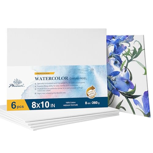 PHOENIX Watercolor Canvas Boards for Painting - 8x10 Inch/6 Pack, 100% Cotton Water Color Canvas Panels, 8 Oz. / 260g White Blank Medium Texture Flat Canvases for Water Based Paints - size: 8"x10", style: Canvas Panel