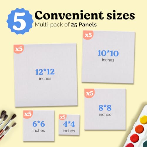 Chalkola Paint Canvases for Painting Multipack - 25 Pack Square Canvas Panels - 4x4, 6x6, 8x8, 10x10, 12x12 inch (5 Each) - 100% Cotton, Primed, Acid Free Art Canvas Boards for Painting | Square Boards - 4x4, 6x6, 8x8, 10x10, 12x12 inch (5 Each) - 100% Co