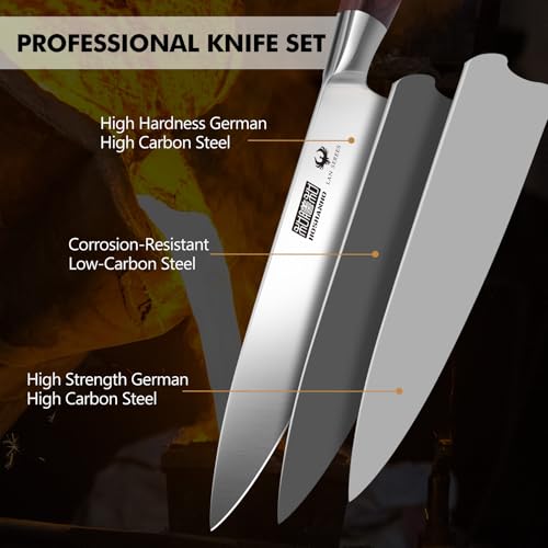 HOSHANHO 7PCS Kitchen Knife Set with Block, Sharp Chef Knives & Sharpener | High-Carbon Stainless Steel Cooking Knife Set, Ultra Sharp Professional Knife Set with Ergonomic Wood Handle, Ideal Home Gift - size: 7 Pieces Knife Set