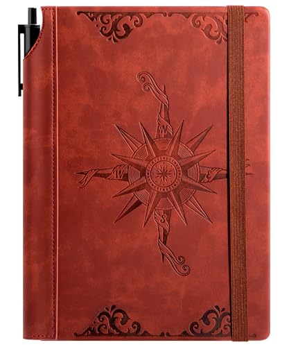 CAGIE Compass Leather Journal for Men Women, A5 Lined Notebook Writing Gift | 288 Pages 100 GSM Acid-free Paper, Bleed-free, Pen holder, Lay Flat, For Daily Writing, Office, Gifting - color: Wine Red