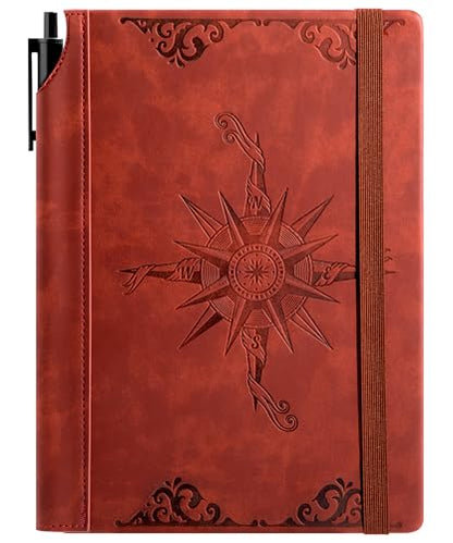 CAGIE Compass Leather Journal for Men Women, A5 Lined Notebook Writing Gift | 288 Pages 100 GSM Acid-free Paper, Bleed-free, Pen holder, Lay Flat, For Daily Writing, Office, Gifting - color: Wine Red