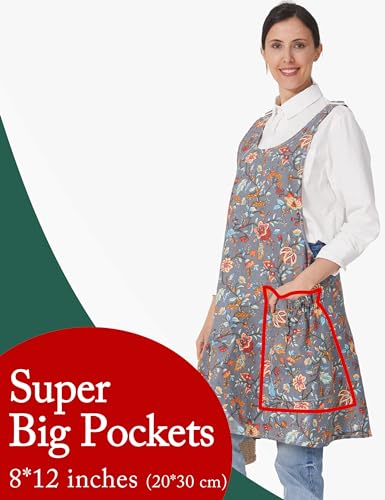 Cozy Adjustable Cross Back Aprons for Women with Pockets Cotton Linen Cooking Kitchen Baking - color: Plum Blossom