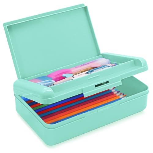 Plastic Hard Color Double Layer Cute Pencil Box Case For Girl Boy | Colored Kids Pen Case Box For Marker Crayon,School Office Art Supplies Storage Organizer Box,Medium Size(Green) - color: Green