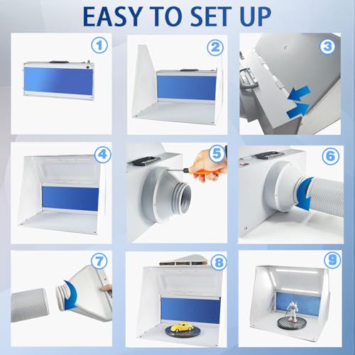 JOYABEST Airbrush Spray Booth with Fan, LED Light & Turntable for Models | Adjustable fan with 8 LED lights. 360° turntable. 5ft exhaust hose included. 2-layer filter traps fumes. For hobby,miniatures