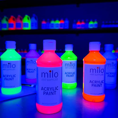milo Fluorescent Acrylic Paint Set of 6 Colors | 8 oz Bottles | Student Neon Colors Acrylics Painting Pack | Glows UV in Black Light | Non-Toxic Arts & Crafts Paints for Artists & Hobby Painters | Made in USA | Glows in Black Light, AP Certified Non-Toxic