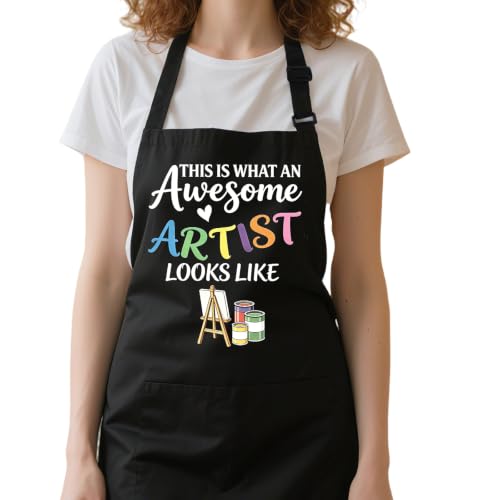 Funny Apron for Women with 2 Pockets, Adjustable Kitchen Apron for Cooking Baking Gifts for Mom Wife Birthday - color: Black-this is What an Awesome Artist Looks Like