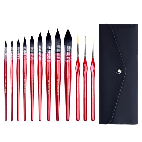 12pcs Watercolor Brushes Set,Art Supplies for Professional | Paint Brushes for Watercolor, Acrylic and Oil Painting, Artist Brush Set with Portable Travel Case - color: Red