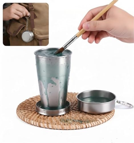 304 Stainless Steel Collapsible Paint Brush Washer- Portable Watercolor Water Cup with Keychain, Solvent Safe Metal Foldable Painting Cup for Travel, Plein Air, Oil & Acrylic Art Supplies (2)