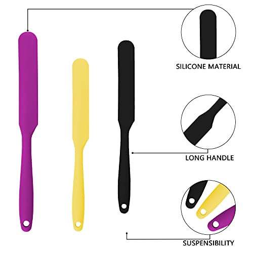 SAVITA 3pcs 2 Sizes Silicone Spatulas Non-Stick Resin Stir Sticks Reusable Wax Silicone Spatulas Scraper for Mixing Liquid, Powder, Wax, Paint, DIY Craft, Home and Salon (Purple, Black, Yellow)