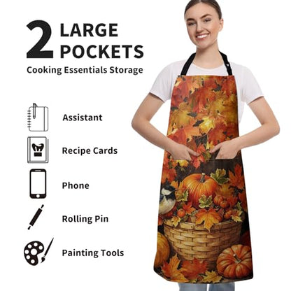 Fall Aprons Thanksgiving Kitchen Apron With 2 Pockets Autumn Harvest Pumpkin Maple Leaves Farmhouse Cooking Apron With Adjustable Neck Strap for Baking Crafting Gardening - color: Fall-harvest Pumpkins