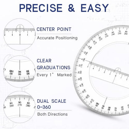 Zonon 2 Pack 360 Degree Protractor, 6 Inch Multifunctional Drawing Ruler Rotatable Mathematical Function Math Geometry Ruler Set, Large Clear Circle Protractor Drafting Tools for Engineering(Classic) - style: Classic
