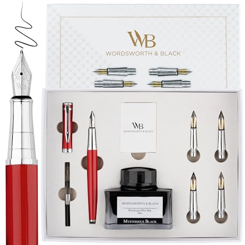 Wordsworth & Black Luxury Fountain Pen Set for Writing, 6 Nibs, Red | Fountain Ink Bottle, Cartridges & Refill Converter, Refillable, Red, High End Gift for Men & Women, Journaling & Lettering - color: Red Chrome