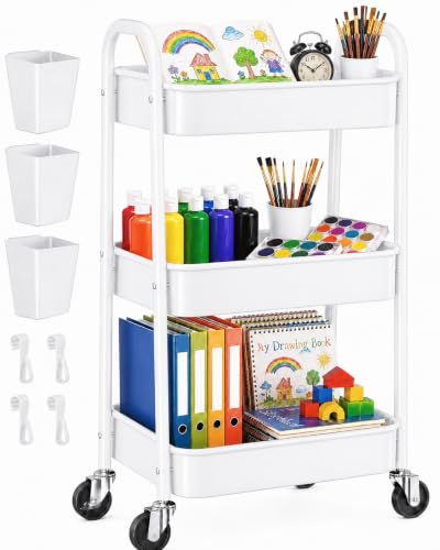 3 Tier Rolling Storage Cart with Wheels,White Metal Bedside Cart for Baby Essentials, Utility Roller Carts Organzier on Wheels, Three Tiered Shelf for Snack, Art, Cleaning, Craft, Book, Diaper Caddy - color: White