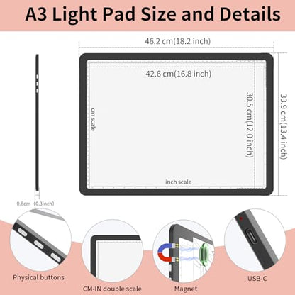 YINGWOND A3 Rechargeable Light Pad with Carry Bag,Diamond Art Light Board Built-in 4000mAh,Side Physical Buttons, Adjustable Brightness Wireless Light Box for Tracing Diamond Painting Artists - style: Rechargeable A3 Black with Bag