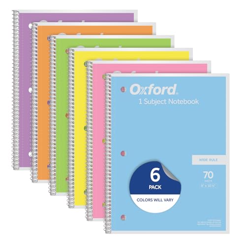 Oxford Spiral Notebooks, 6 Pack, 1 Subject, Wide Ruled Notebooks for School, 8 x 10.5 Inches, 70 Sheets, Assorted Pastel Colors, Back to School Supplies (63757) - size: Wide Rule