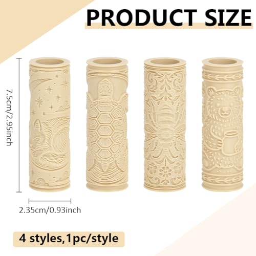 CRAFTYMELODY 4Pcs Clay Texture Roller 4 Styles Plastic Column Pottery Tools Rolling Pins Stamps Bee Turtle Bear Fox Texture Roller for Handmade Making Crafting Art DIY Projects Home Accessories