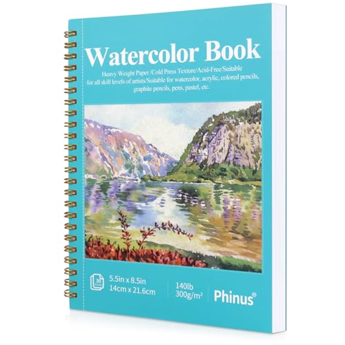 Phinus 30 Sheets Watercolor Sketchbook 5.5 x 8.5 Inch, Watercolor Paper Cold Press (140lb/300gsm), Spiral Bound Water Color Pad for Adults Kids, Mixed Media, Markers and Art Journaling - size: 5.5 x 8.5 inch