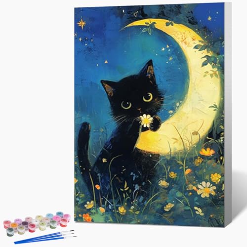 Fountor Black Cat Framed Paint by Numbers Kit for Adults Beginner 8x12 Inch | For Adults & Kids Ages 8-12, DIY Acrylic Painting, Moon Paint by Number with frame, Stress Relief Home Wall Decor Gifts - color: Black Cat Moon, size: 8x12 Inch