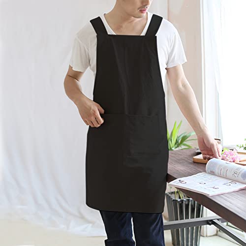NEWGEM Japanese Cotton Linen Cross Back Cooking Apron for Women Men with Pockets Cute for Baking Kitchen - color: 14 - Men's Black
