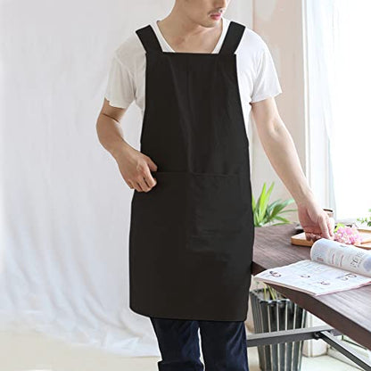 NEWGEM Japanese Cotton Linen Cross Back Cooking Apron for Women Men with Pockets Cute for Baking Kitchen - color: 14 - Men's Black