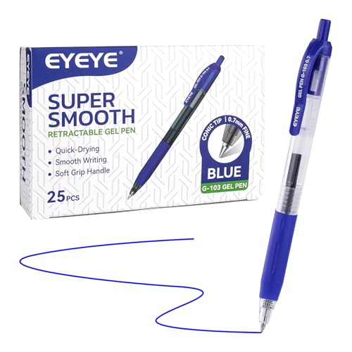 EYEYE G-103 Retractable Gel Pens 0.7mm, 25 Pack 0.7 mm Blue Ink Medium Point Ballpoint Pen Quick Drying, Pen Fine Point Smooth Writing Pens for for Office School Supplies - color: Blue, size: 0.7mm
