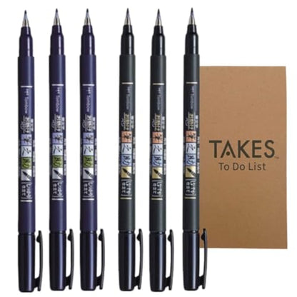 Fudenosuke Brush Pen Black x6-pen pack, with Takes To Do List Notepad - Calligraphy Pens for Writing and Art Drawings (3x Soft + 3x Hard) - style: 3x Soft + 3x Hard