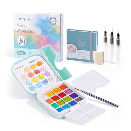 Mini Watercolor Paint Set 16 Colors, Travel Art Kit All-in-One | 3 Water Brush Pens, 1 Detail Pen, 2 Palettes, 1 Watercolor Book, 1 Bottle, for Travel, Outdoor Sketching (Macaron Color) - color: Macaron Color