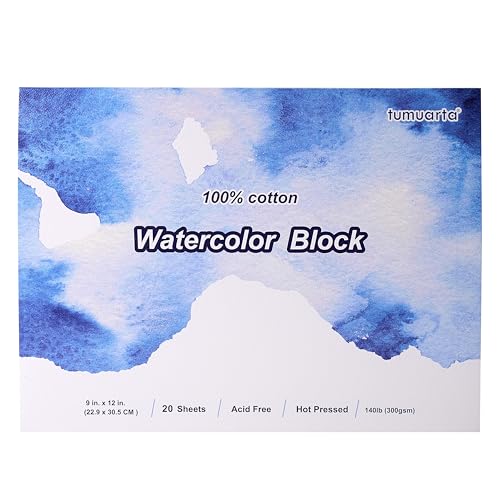 100% Cotton Watercolor Paper Block, 140 LB, 300 GSM, 9"x12", Hot Press, 20 Sheets, Acid Free, tumuarta Watercolor Pad Mixed Media Sketchbooks for Watercolors, Acrylic, Gouache and Dry or Wet Media - size: 9"x12" Hot Press