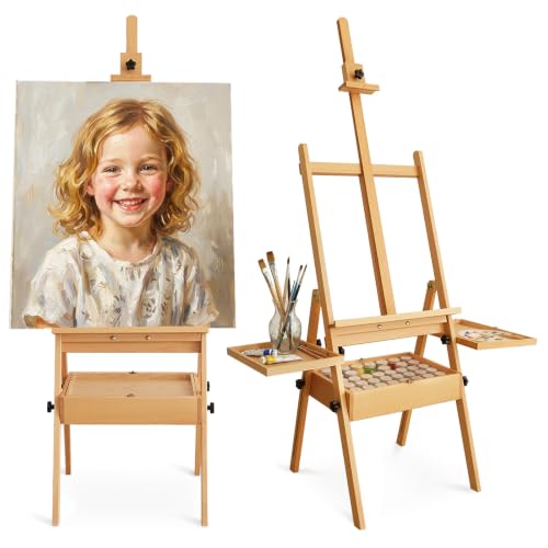 Painting Art Easel with Storage, 57"-72" Height Adjustable Easel Stand | Foldable beech wood easel with drawer trays,H-frame artist easel stand for painting,Wooden floor easel holds canvas up to 36" - color: Natural Wood