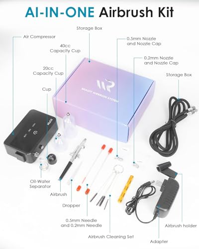50 PSI Airbrush Kit with Compressor, High Pressure Air Brush with 0.2/0.3/0.5mm Nozzle/Cleaning Sets, Dual-Action Airbrush Gun for Painting, Modeling, Cake Decor, Nail Art, Makeup