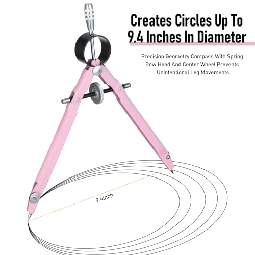 EBOOT Student Geometry Math Set, Metal Drawing Compass and 6 Inch Clear Swing Arm Protractors 180 Degree Math Protractor(Pink) - color: Pink