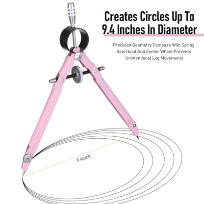 EBOOT Student Geometry Math Set, Metal Drawing Compass and 6 Inch Clear Swing Arm Protractors 180 Degree Math Protractor(Pink) - color: Pink
