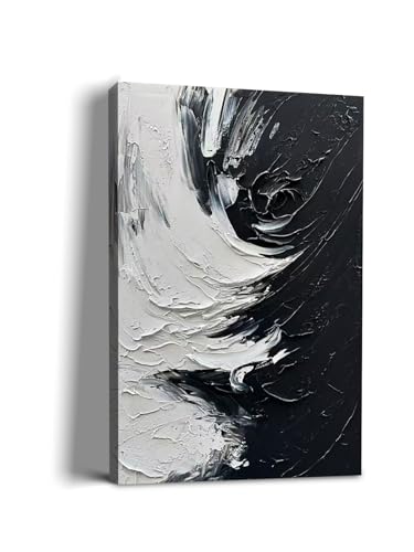 NANKAI Art Hand drawn thick textured black and white abstract art oil painting in modern minimalist style, 36x24 inches. Decorative wall painting for home office or corridor - color: NKHB150