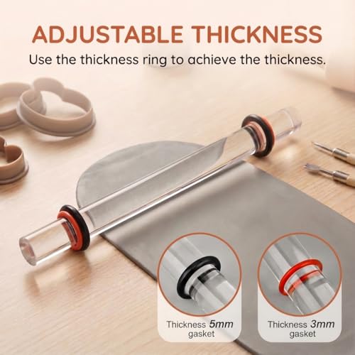 Polymer Clay Tools, 2Pcs Clay Rolling Pin with Thickness Rings, Clear Acrylic Roller for DIY Pottery Craft Modeling Shaping Handmade Art Supplies