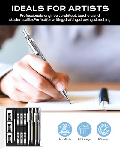 Nicpro 4 Pack Metal Mechanical Pencil Set 0.9mm, MB1000 Lead Drafting Pencil 0.9 mm with 6 Tube HB #2 Lead Refill, 3PCS 4B Eraser, 9 Cap Eraser for Artist Writing, Sketching, Drawing- Come with Case | 6 Tube HB #2 Lead Refill, 3PCS 4B Eraser, 9 Cap Eraser