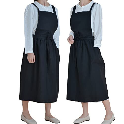 VLZUFE Women Cotton Linen Cross Back Apron with Pockets for Gardening Works Pinafore Dress Black - color: Black