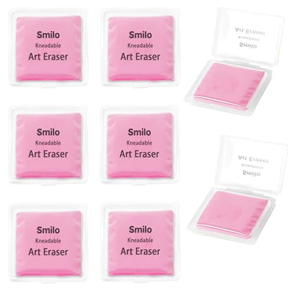 Smilo Kneaded Erasers for Artists, Pink Moldable Putty, 8-Pack | Reusable, Dust-Free and No Smudge, Art Erasers with Storage Case for Charcoal, Graphite, Pencil and Pastel Drawing - color: Pink