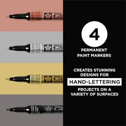 SAKURA 47391 4-Piece Fine Pentouch Calligrapher Paint Marker, 1.8mm, Gold, Silver, Copper and Black | Archival Quality Pens for Glass, Wood, Porcelain, Plastic, and Metal, Waterproof, Fade Resistant, Low Odor, Xylene Free - size: 1 Count (Pack of 4)