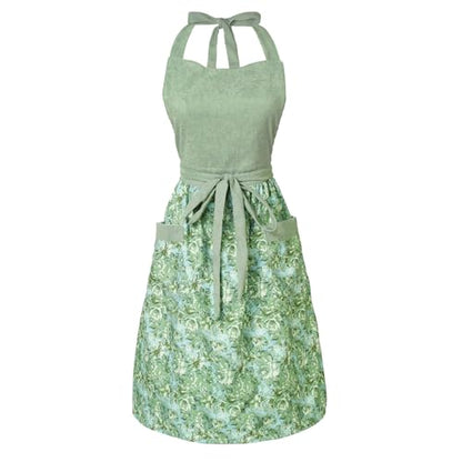 Cute Floral Apron for Women with Pockets, Cotton, Adjustable Straps - color: Light Green