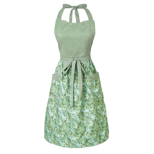Cute Floral Apron for Women with Pockets, Cotton, Adjustable Straps - color: Light Green