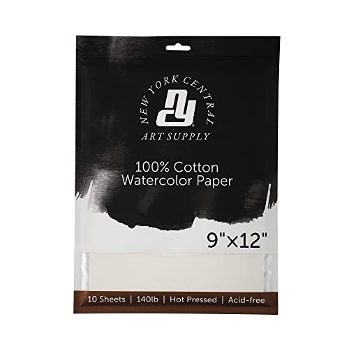 New York Central Watercolor Paper - 9x12-1 Pack of 10 Sheets, 140 lb. Hot Press - 100% Cotton, Acid-Free, Archival Quality, Bright White Watercolor Paper Pad for Wet & Dry Media - size: 9x12"