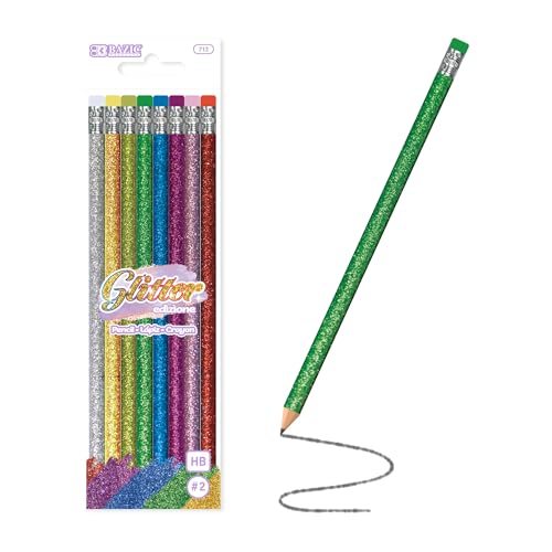 BAZIC PRODUCTS Metallic Glitter #2 Pencils, Eraser, 8 Count | #2 HB lead, Glitter metallic barrels, eraser tops, school, gifts, party favors, fun everyday writing - size: 8 Count (Pack of 1)