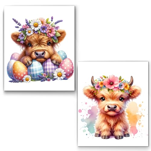 XUNLURY Easter Highland Cow Diamond Art Kits 2 Pcs, Spring Floral Highland Cow Diamond Painting Kits for Kids Adults Beginners, Full Drill Diamonds Dots for Home Decor, 9.8x11.8 Inch - color: color_11, size: 10 x 11.8 inches