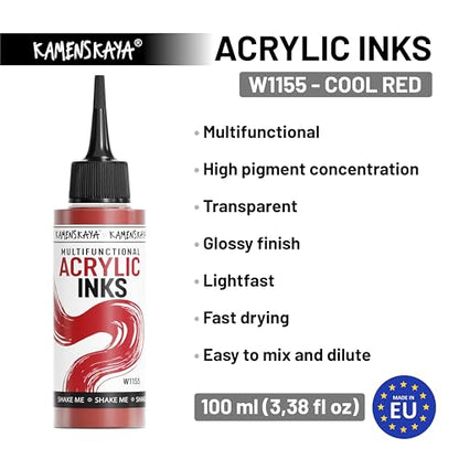 Acrylic Inks for Artists - Cool Red Acrylic Ink, 3.38 Fl Oz (100 ml) | Highly Concentrated, Multifunctional Liquid Acrylic Paint - color: Cool Red