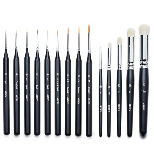ARTIFY Miniature Drybrush Paint Brush Set: 14-Piece Round Small Detail Model Paintbrushes, Thin Mini Tiny Micro Paint Brushes for Miniature Painting - color: Black
