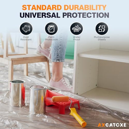 Axgatoxe 12 x 9 Ft Plastic Drop Cloths for Painting (1-Pack) | Plastic Painter's Sheeting & Tarps for Painting Supplies, Waterproof & Dust-proof Furniture/Couch/Floor Protection Cover - size: 1-Pack