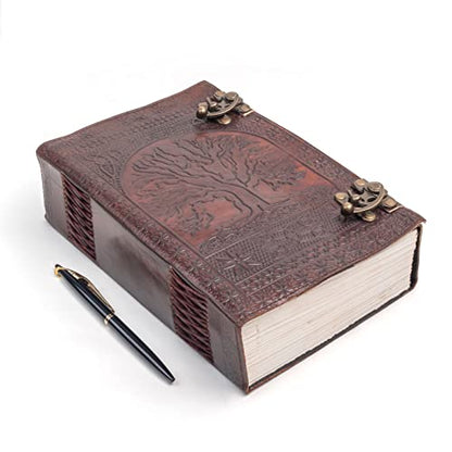600 Pages Handmade Large Leather Journal Diary Embossed Tree of Life Book Of Shadows Notebook Writing Seven Chakra Grimoire Sketchbook 7 x 10 Leather Bound (Brown) - color: Brown