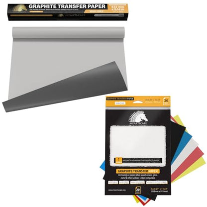 MyArtscape Graphite Transfer Paper Roll 17" x30ft & 20 Mixed Sheets Bundle, Wax-Free, Erasable, Smudge-Free, Ideal for Drawing, Tracing, Arts & Crafts – Precise, Durable, Premium Supplies